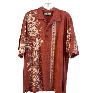 Tommy Bahama Men’s 100% Silk Hawaiian Palm Tree Embossed Shirt L Burnt Orange